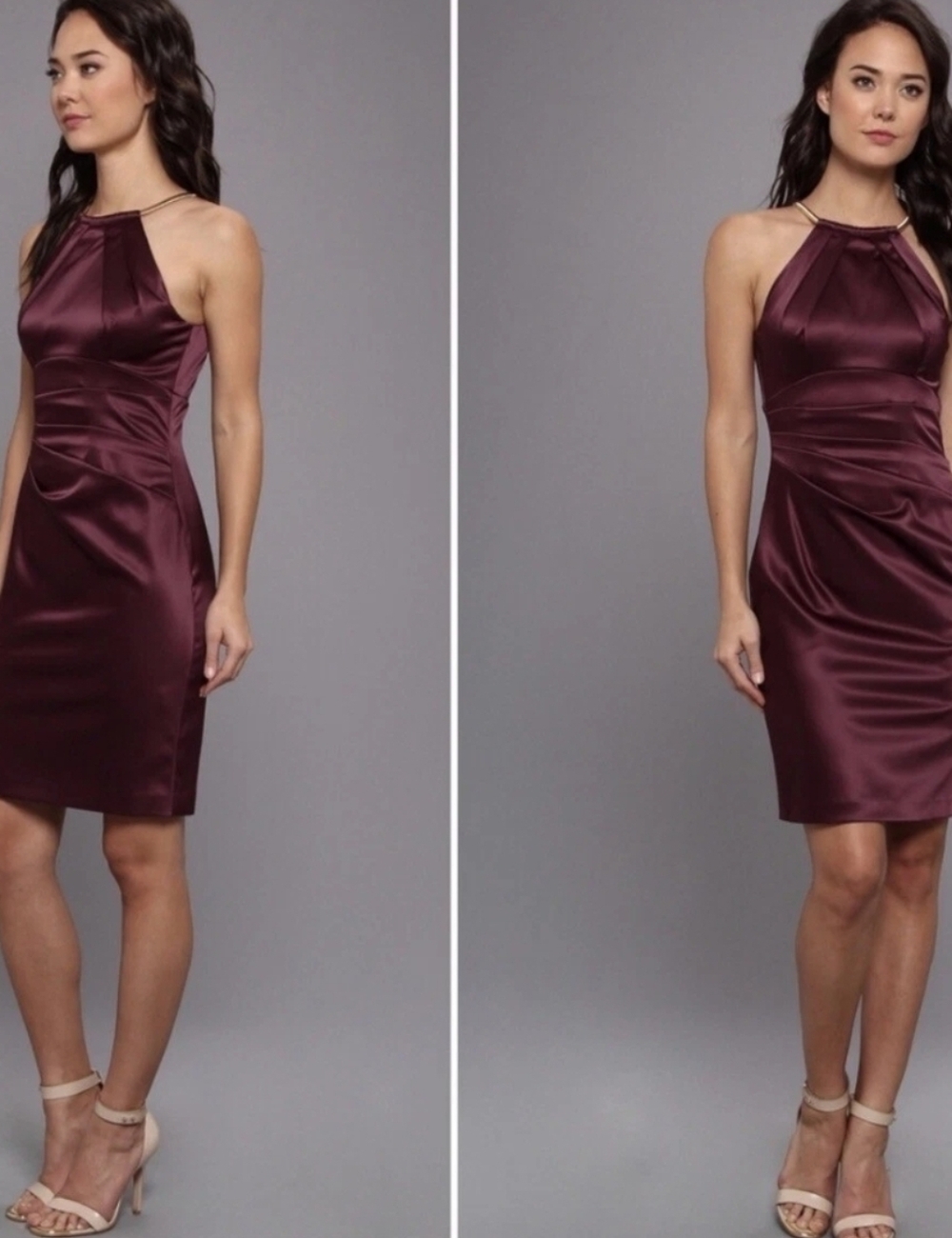 ELIZA J Pleated Satin Halter Neck Fully Lined Midi Dress EUC Size 10 Wine